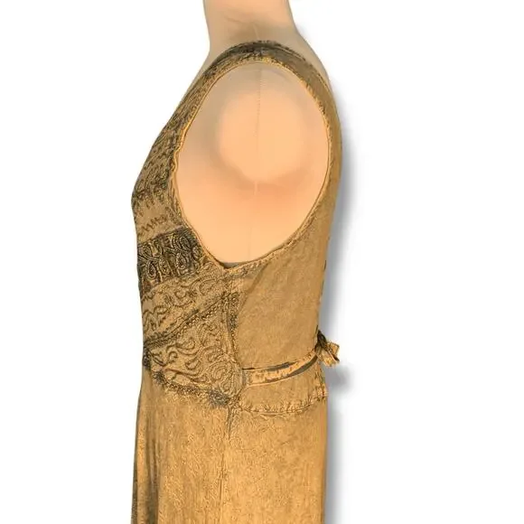 Vintage 90s Brown Boho Embroidered Crinkle Maxi Sleeveless Sundress Plus Size 1X - Picture 9 of 11